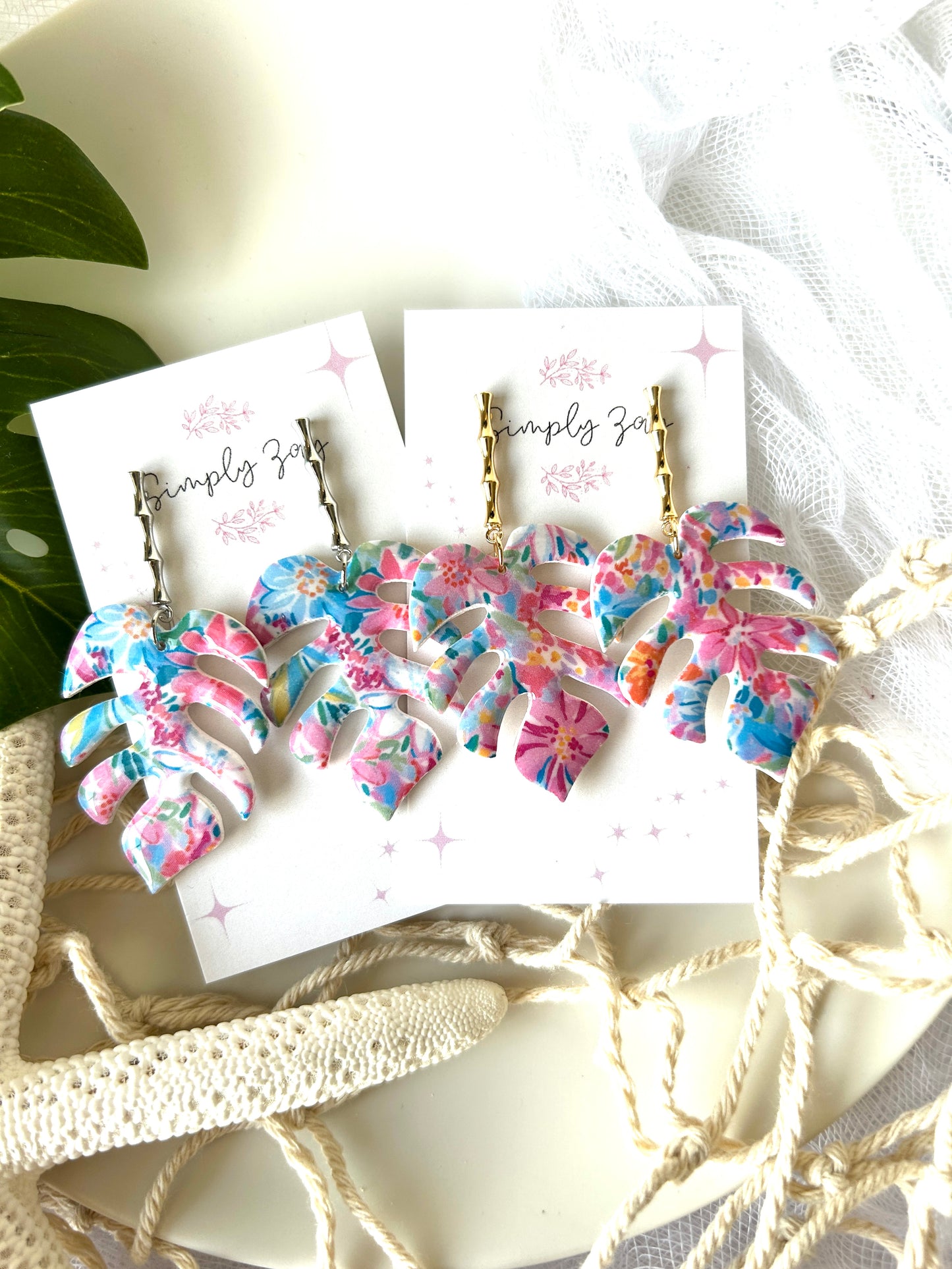 Floral Monstera Leaf Earrings