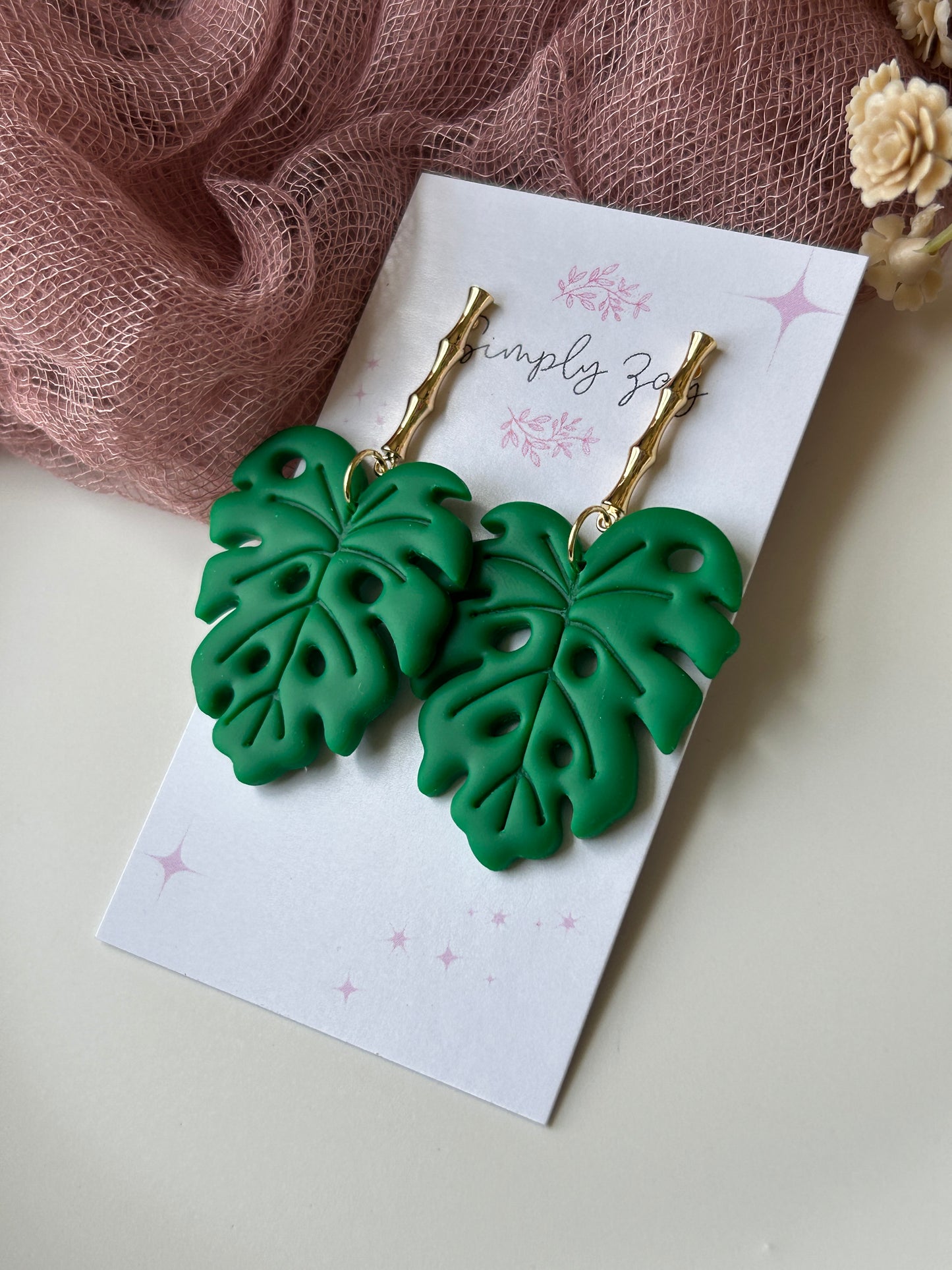 Green Monstera Earrings
