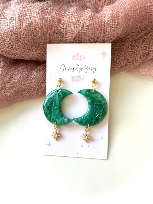 Dreamy Green and Gold Moon Earrings