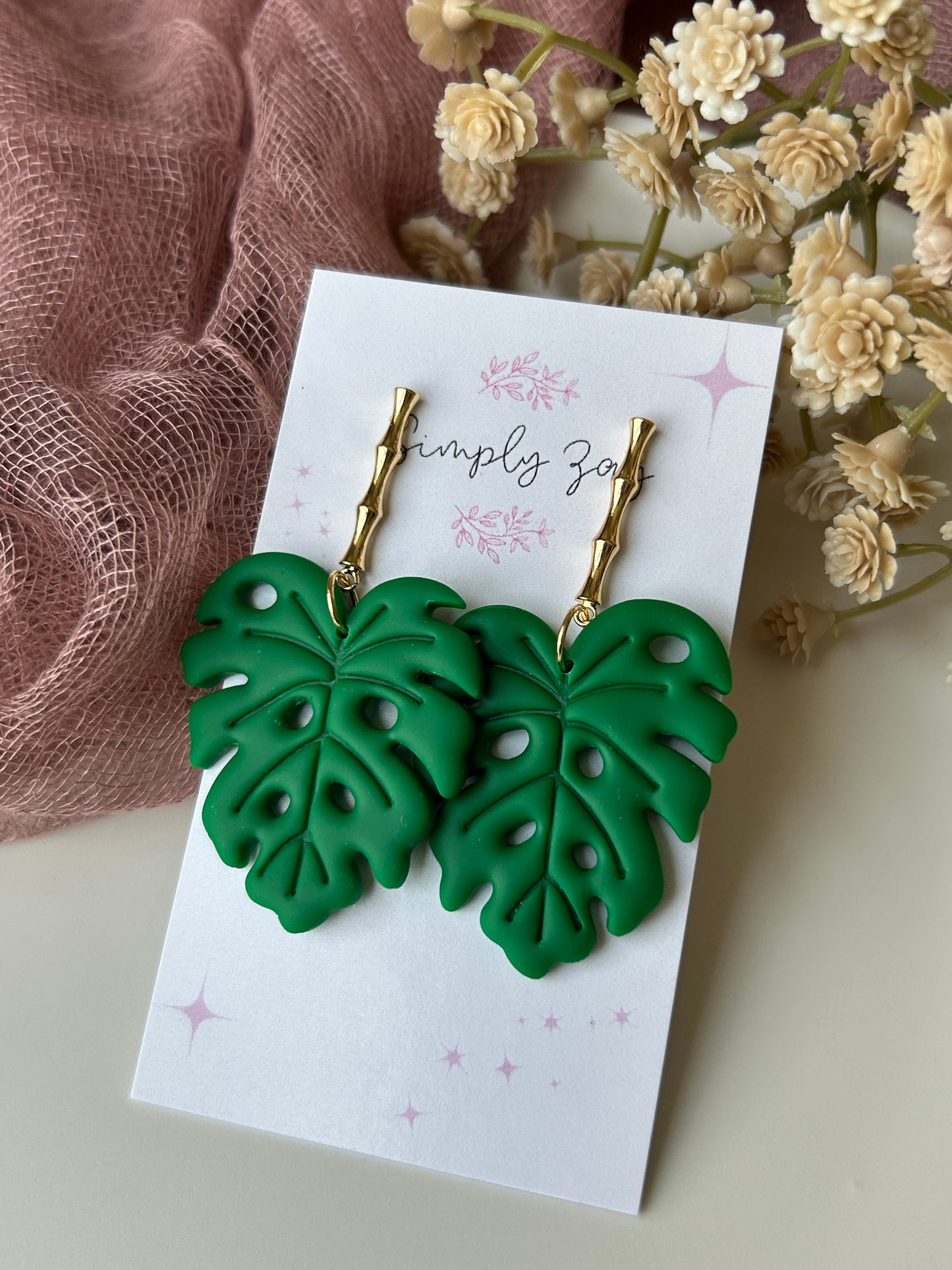 Green Monstera Earrings