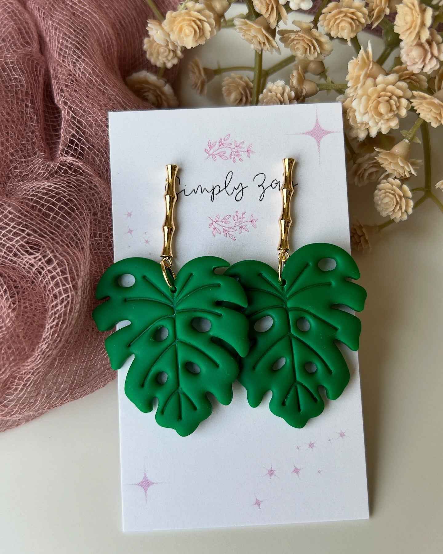 Green Monstera Earrings