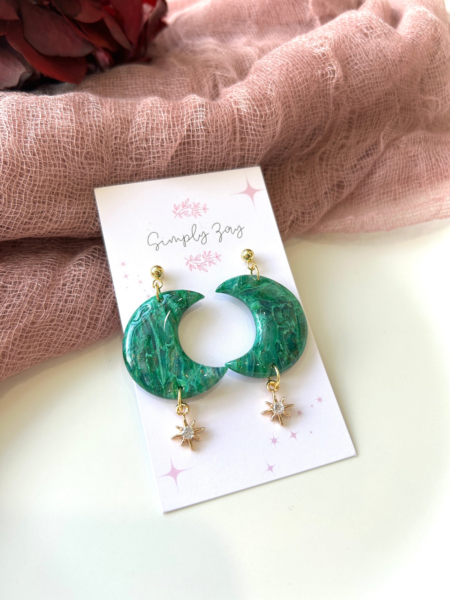 Dreamy Green and Gold Moon Earrings
