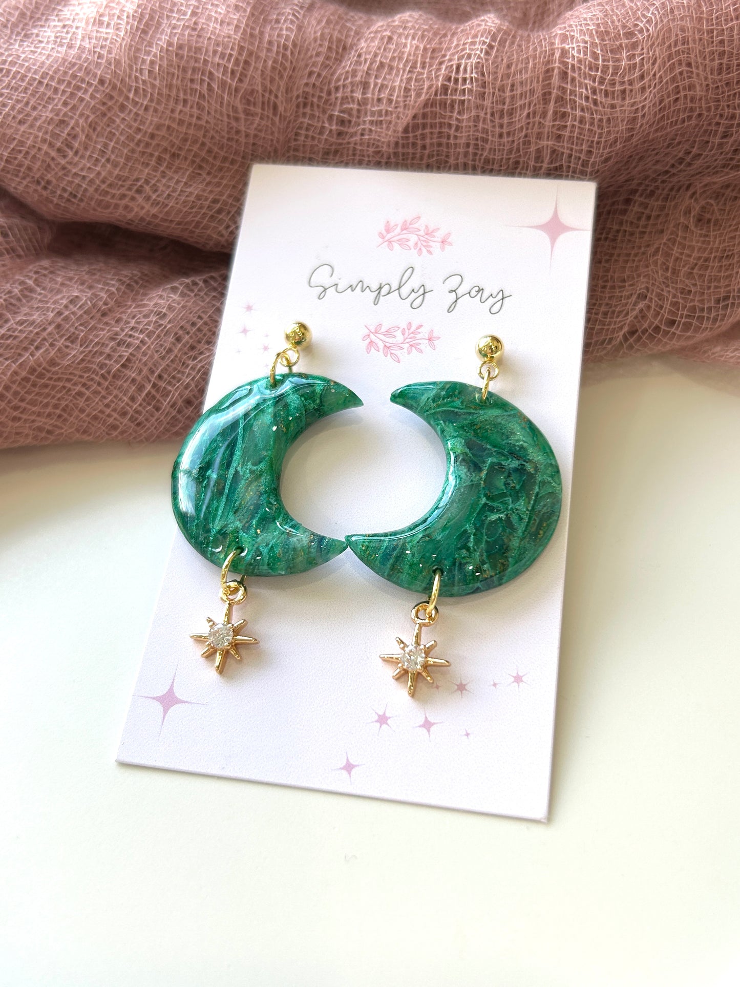 Dreamy Green and Gold Moon Earrings
