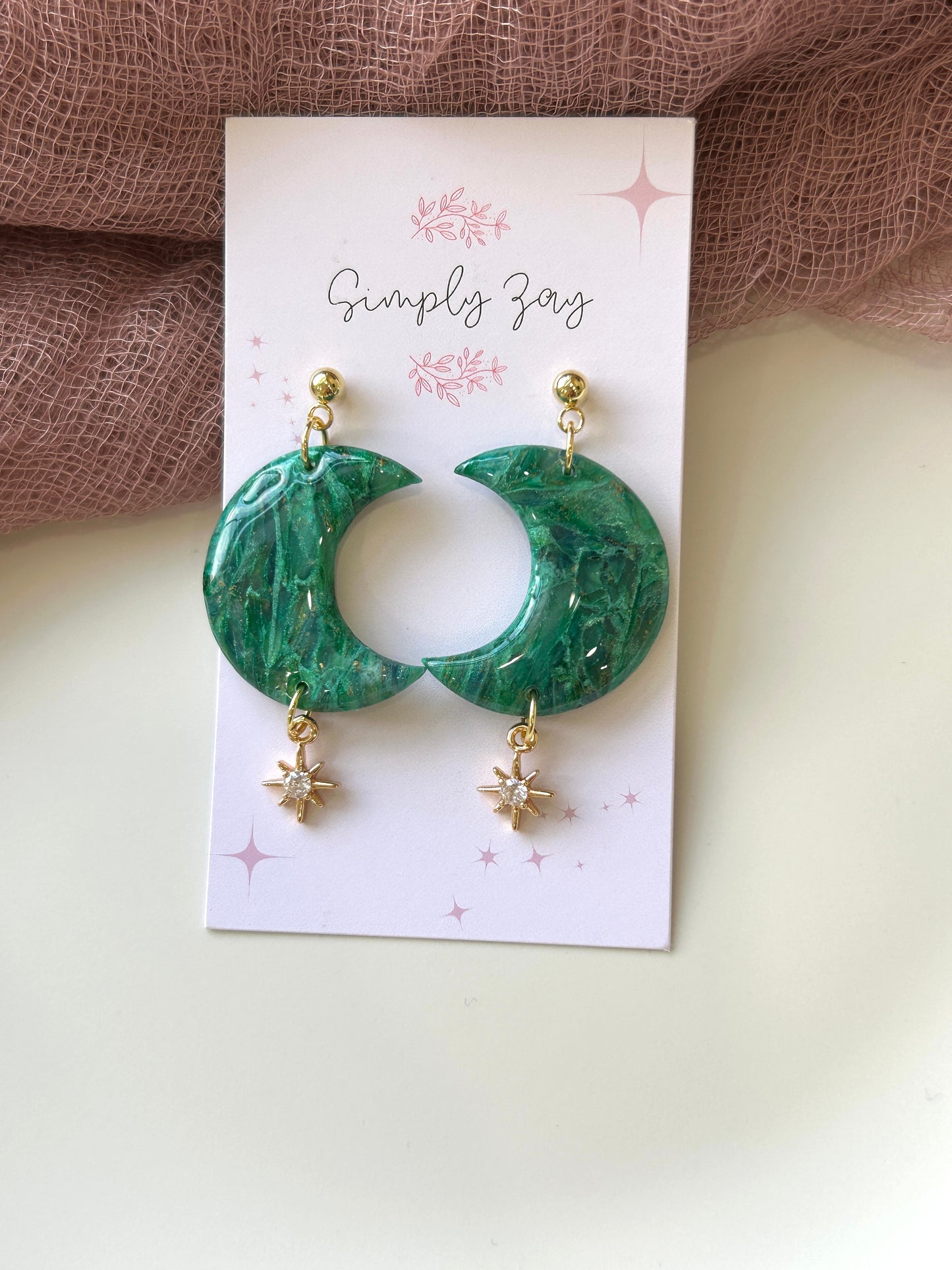 Dreamy Green and Gold Moon Earrings